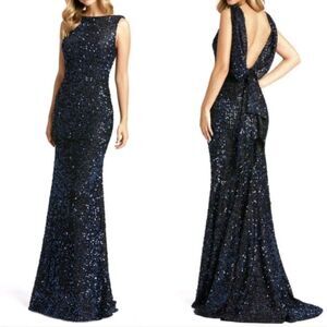IEENA FOR MAC DUGGAL-Blue Cowl Back Boat Neck Sequined Evening Gown